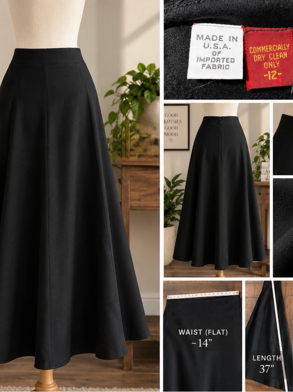 Vintage Anne Klein Black A-Line Flared Midi Skirt Classic Size 12
